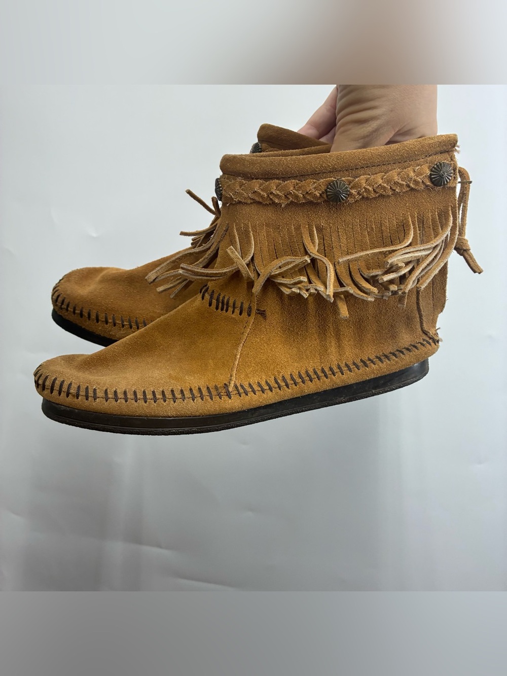 Minnetonka Fringe Suede Leather Ankle Boots Womens 7 1/2 Moccasin Brown Chukka